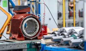 Czerwony silnik elektryczny z widocznym uzwojeniem, przygotowany do montażu. W tle inne rodzaje silników elektrycznych i elementy linii produkcyjnej.