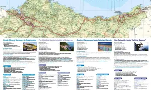 Mapa de la **ruta costa vasca en coche**, detallando trayectos, transporte público y planes turísticos desde Bilbao hasta San Sebastián y la "Côte Basque".