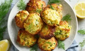 Goldbraune Zucchini-Puffer, garniert mit Dill und Zitronenspalten. Perfekt für leichte zucchini rezepte.