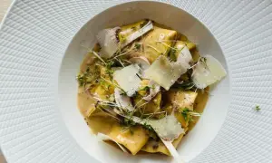 En krämig pasta funghi med svamp, hyvlad parmesan och färska örter i en vit, mönstrad skål.