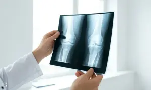 Lekarz analizuje RTG kolan, szukając oznak artrozy.
