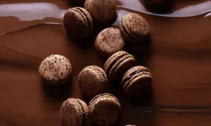 Douze macarons au chocolat, parsemés de cacao, reposent sur un lit de chocolat fondu brillant.