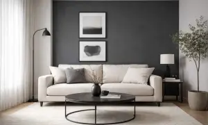 Un salon moderne avec un canapé clair, un mur gris foncé et des œuvres d'art. Le gris clair va bien avec le beige et le noir, créant une ambiance apaisante.