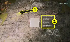 Na skale w grze Alan Wake 2 widzimy rysunki kredą i tekst rymowanki. Strzałka wskazuje na słońce, a obok znajduje się numer 2.