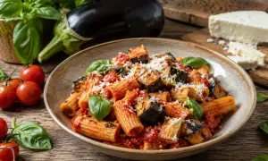 Un plat de pâtes aux aubergines à la sicilienne, garni de basilic frais et de parmesan râpé, avec des tomates et une aubergine entière en arrière-plan.