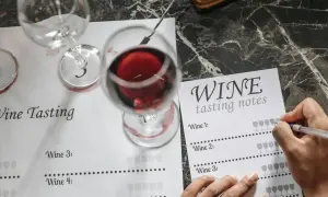 Degustacja wina: kieliszki z czerwonym winem i arkusz notatek do degustacji. Uczymy się, jak degustować wino.