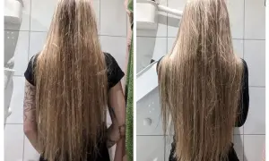 Długie, blond włosy przed i po zabiegu olejowania. Włosy po olejowaniu są gładsze i bardziej lśniące.