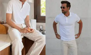 Zwei Männer tragen ein weißes Poloshirt Herren. Einer sitzt in einer Küche, der andere steht vor einer Wand.