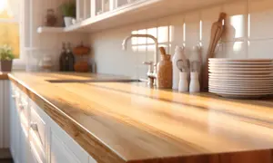 Encimera de madera con un acabado brillante, lista para el tratamiento. Luz solar cálida ilumina la cocina.