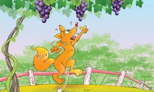 La zorra intenta alcanzar las uvas, pero están demasiado altas.