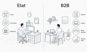 Porównanie etatu i B2B: stabilność, urlop, chorobowe kontra faktura, laptop, wielu klientów i wyższe netto. Umowa B2B oferuje większą elastyczność.