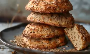 En stapel hembakade scones med russin, toppade med solrosfrön och linfrön. En bit är avskuren för att visa det saftiga inkråmet.