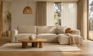 Przytulny salon beige z wygodną sofą, drewnianym stolikiem i plecioną lampą. Idealne miejsce na relaks.
