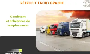 Rétrofit tachygraphe camion : conditions et échéances de remplacement. Flotte de camions colorés garés sur un parking.