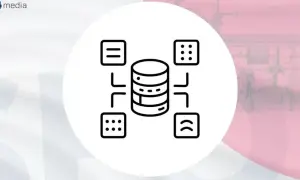 Ikona przedstawia bazę danych połączoną z ikonami symbolizującymi dane, np. w kontekście przetwarzania danych w języku JavaScript.