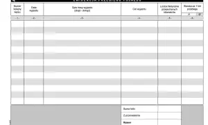 Formularz ewidencja przebiegu pojazdu dla celów vat. Zawiera kolumny: numer wpisu, data, opis trasy, cel, kilometry, stawka.