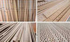 Różnorodne listewki drewniane z ornamentami i koralikami – inspiracje, co można zrobić z listewek drewnianych.