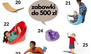 Dzieci bawiące się różnymi zabawkami sensorycznymi: huśtawka, zjeżdżalnia, równoważnia.