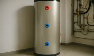 Duży zasobnik wody, idealny jako bufor do domu 150m2. Widoczne przyłącza i instalacja grzewcza.