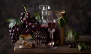 Kieliszek wina merlot veneto obok karafki i kiści winogron na drewnianym stole.