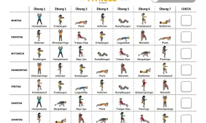 Wochenplan für Krafttraining zu Hause mit verschiedenen Übungen wie Hampelmann, Kniebeugen und Plank.