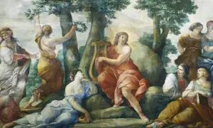 Clio, fille de Zeus, muse de l'histoire, joue de la lyre entourée de compagnes dans un paysage verdoyant.
