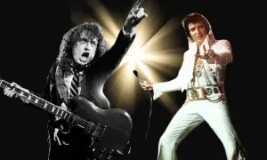 Rock and roll legends: Bon Scott z AC/DC gra na gitarze, a Elvis Presley w białym stroju śpiewa do mikrofonu. Idealny cover dla fanów muzyki.