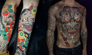 Tatuaże z Hannya, demoniczne maski o groźnym wyrazie, symbolizujące zazdrość i gniew, ozdabiają ciało mężczyzny. Ich znaczenie jest głębokie.