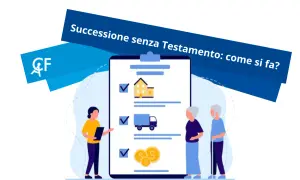 Una persona illustra a una coppia anziana una lista di beni (casa, furgone, denaro) per chi avvisa gli eredi senza testamento.