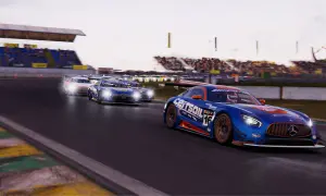 Wyścigowe samochody w grze Project Cars 4 pędzą po torze. Niebieski Mercedes z numerem 16 na czele.