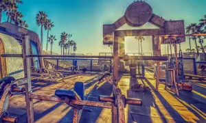 Słoneczny poranek na Venice Beach. Siłownia pod gołym niebem z palmami w tle. Długie cienie sprzętu do ćwiczeń na betonie.