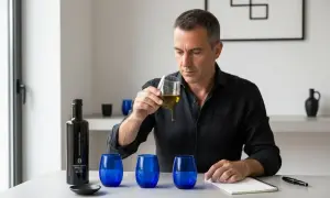 Uomo degusta un prezioso olio verde, valutandone la qualità. Sul tavolo, una bottiglia scura e bicchieri blu cobalto.