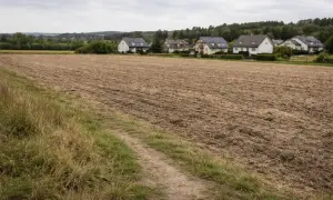 Pola uprawne obok zabudowy jednorodzinnej. Budowa na działce rolnej w tle, z domami i lasem.