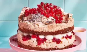 Ein zweistöckiger Johannisbeer Baiser Kuchen mit Schokoladenböden, Sahne und roten Johannisbeeren.