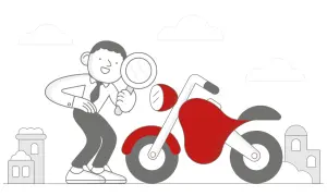 Mężczyzna z lupą bada czerwony motocykl. Może to być przegląd motocykla po terminie.
