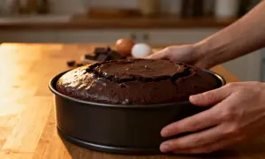 Un délicieux gâteau au chocolat facile, tout juste sorti du four, avec des ingrédients comme des œufs et du chocolat en arrière-plan.