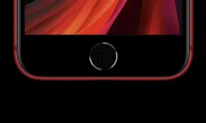 iPhone SE rouge avec son bouton d'accueil et son empreinte digitale pour le déverrouillage.