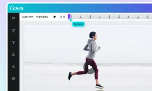 Edytor wideo Canva z funkcją video trimmer. Kobieta biegnie po plaży, a na górze widać pasek postępu z zaznaczonym fragmentem.
