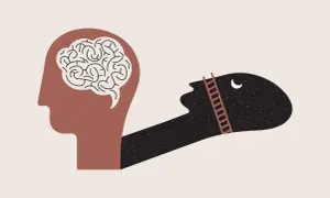 En stiliserad profil av ett huvud med en hjärna inuti. En skugga av huvudet sträcker sig ut, fylld av stjärnor och en måne, med en stege som leder uppåt. Symboliserar att minska stress genom att nå nya höjder.