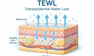 Ilustracja pokazuje TEWL (Transepidermal Water Loss) – utratę wody przez skórę. Strzałki wskazują parowanie wody z naskórka, a pod nim widać warstwy skóry z naczyniami krwionośnymi i tkanką tłuszczową.