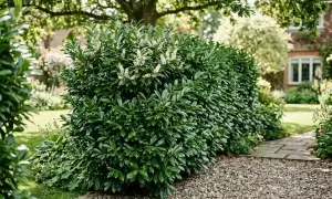 Ein üppiger Kirschlorbeer mit weißen Blüten, ideal für eine Hecke. Wann pflanzen? Am besten im Frühjahr oder Herbst für gutes Anwachsen.