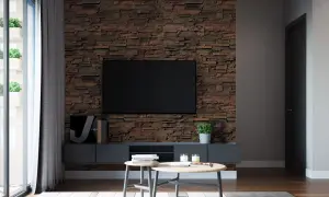 Un salon moderne avec un mur en pierre texturé derrière une TV. Des tables basses en bois et des plantes apportent une touche chaleureuse.