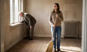 Mann prüft Fenster, Frau hält Besen. Sie fragen sich, was bedeutet besenrein bei Auszug? Hier wird es gezeigt: alles sauber für den Nachmieter.
