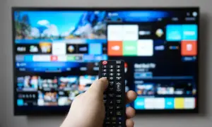 Dłoń trzymająca pilot do telewizora na tle ekranu z menu.