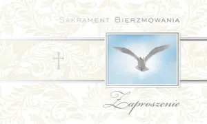 Eleganckie zaproszenie na bierzmowanie z motywem gołębicy i krzyża. Tekst zaproszenia ozdobiony jest subtelnymi wzorami.