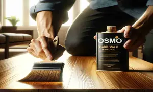 Odkryj, jak nakładać osmo wosk dekoracyjny. Pędzel rozprowadza produkt na drewnianym blacie, tworząc ochronną warstwę.