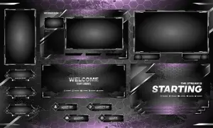 Stream-Overlay-Set mit Hexagon-Muster und lila Akzenten. Enthält "Starting", "Welcome", "Intermission" und Benachrichtigungsfelder. Perfekt für deinen twitch overlay free Stream.