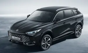Elegancki czarny SUV MG HS, jedna z dynamicznie rozwijających się chińskich marek samochodów, prezentuje nowoczesny design i sportowe linie.