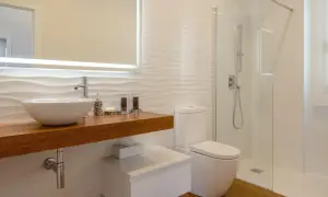 Baño moderno con lavabo sobre mueble de madera, inodoro y ducha con mampara de cristal. Perfecto para impermeabilizar ducha y mantener la limpieza.