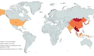 Mapa świata pokazująca kraje, gdzie dominuje buddyzm. Kolory oznaczają: buddyzm jako religia państwowa, kraje z większością buddyjską, znaczący odsetek buddystów (>10%) i znaczącą obecność buddystów (>1 mln).